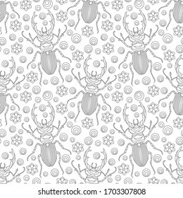 Seamless pattern with beetles deer and flowers, contour insects on a white background