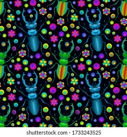 Seamless pattern with beetles, deer and flowers, bright insects on a dark background