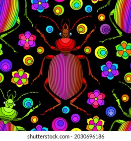 Seamless pattern with beetles, deer and flowers, bright insects on a black  background