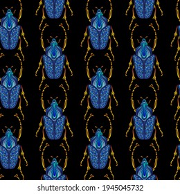 Seamless pattern of beetles embroidered with blue threads. Imitation of expensive embroidery. Jungle art. Summer tropical template for clothes, textiles, t-shirt design