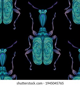 Seamless pattern of beetles embroidered with blue threads. Imitation of expensive embroidery. Jungle art. Summer tropical template for clothes, textiles, t-shirt design