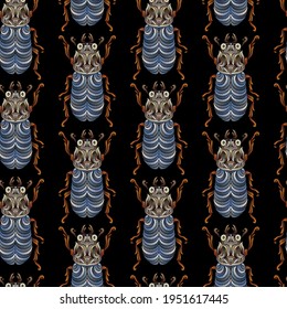 Seamless pattern of beetles embroidered with blue and gray threads. Imitation of expensive embroidery. Jungle art. Summer tropical template for clothes, textiles, t-shirt design