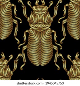 Seamless pattern of beetles embroidered with brass threads. Imitation of expensive embroidery. Jungle art. Summer tropical template for clothes, textiles, t-shirt design