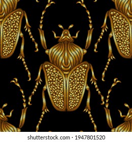Seamless pattern of beetles embroidered with brass threads. Imitation of expensive embroidery. Jungle art. Summer tropical template for clothes, textiles, t-shirt design