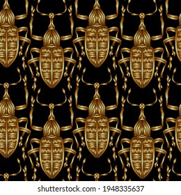 Seamless pattern of beetles embroidered with copper threads. Imitation of expensive embroidery. Jungle art. Summer tropical template for clothes, textiles, t-shirt design