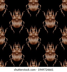Seamless pattern of beetles embroidered with copper threads. Imitation of expensive embroidery. Jungle art. Summer tropical template for clothes, textiles, t-shirt design