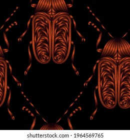 Seamless pattern of beetles embroidered with copper threads. Imitation of expensive embroidery. Jungle art. Summer tropical template for clothes, textiles, t-shirt design