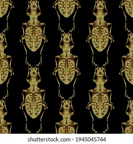Patrón sin foco de escarabajos bordados con hilos dorados. Imitación del bordado caro. Arte de la jungla. Plantilla tropical de verano para ropa, textiles, diseño de camisetas