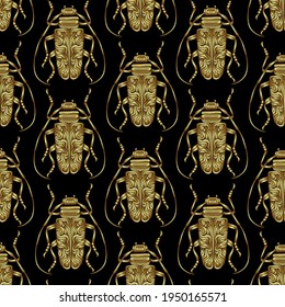 Seamless pattern of beetles embroidered with gold threads. Imitation of expensive embroidery. Jungle art. Summer tropical template for clothes, textiles, t-shirt design