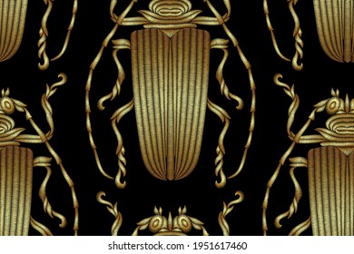 Seamless pattern of beetles embroidered with gold threads. Imitation of expensive embroidery. Jungle art. Summer tropical template for clothes, textiles, t-shirt design