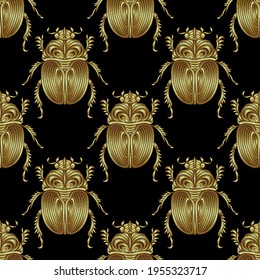 Seamless pattern of beetles embroidered with gold threads. Imitation of expensive embroidery. Jungle art. Summer tropical template for clothes, textiles, t-shirt design