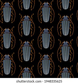 Seamless pattern of beetles embroidered with gray threads. Imitation of expensive embroidery. Jungle art. Summer tropical template for clothes, textiles, t-shirt design