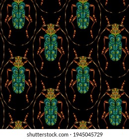 Seamless pattern of beetles embroidered with green threads. Imitation of expensive embroidery. Jungle art. Summer tropical template for clothes, textiles, t-shirt design