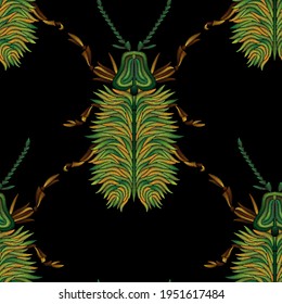 Seamless pattern of beetles embroidered with green threads. Imitation of expensive embroidery. Jungle art. Summer tropical template for clothes, textiles, t-shirt design