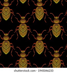 Seamless pattern of beetles embroidered with orange threads. Imitation of expensive embroidery. Jungle art. Summer tropical template for clothes, textiles, t-shirt design