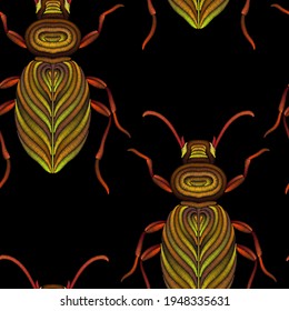 Seamless pattern of beetles embroidered with orange threads. Imitation of expensive embroidery. Jungle art. Summer tropical template for clothes, textiles, t-shirt design
