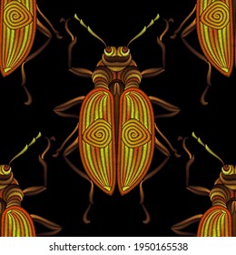 Seamless pattern of beetles embroidered with orange threads. Imitation of expensive embroidery. Jungle art. Summer tropical template for clothes, textiles, t-shirt design