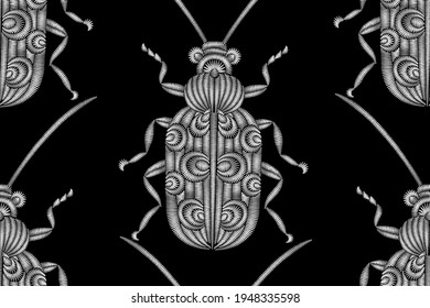 Seamless pattern of beetles embroidered with silver threads. Imitation of expensive embroidery. Jungle art. Summer tropical template for clothes, textiles, t-shirt design