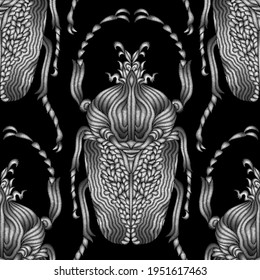 Seamless pattern of beetles embroidered with silver threads. Imitation of expensive embroidery. Jungle art. Summer tropical template for clothes, textiles, t-shirt design