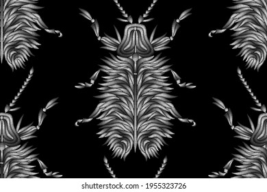 Seamless pattern of beetles embroidered with silver threads. Imitation of expensive embroidery. Jungle art. Summer tropical template for clothes, textiles, t-shirt design