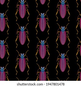 Seamless pattern of beetles embroidered with violet and pink threads. Imitation of expensive embroidery. Jungle art. Summer tropical template for clothes, textiles, t-shirt design