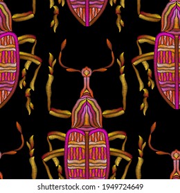 Seamless pattern of beetles embroidered with violet and pink threads. Imitation of expensive embroidery. Jungle art. Summer tropical template for clothes, textiles, t-shirt design