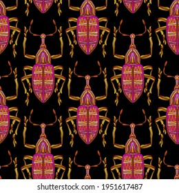 Seamless pattern of beetles embroidered with violet and pink threads. Imitation of expensive embroidery. Jungle art. Summer tropical template for clothes, textiles, t-shirt design