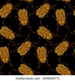 Patrón sin foco de escarabajos bordados con hilos amarillos. Imitación del bordado caro. Arte de la jungla. Plantilla tropical de verano para ropa, textiles, diseño de camisetas