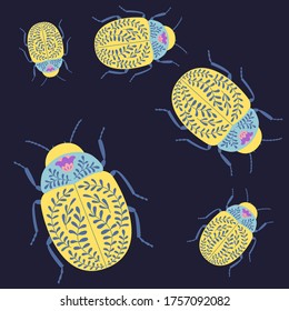 Seamless pattern with beetles in ethno style. Vector illustration on a blue background. Print for fabric.