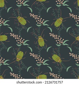Seamless pattern with beetles, floral elements, leaves and flowers.