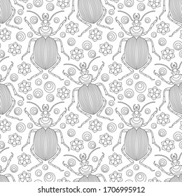 Seamless pattern with beetles  and flowers, contour insects on a white background