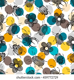 Seamless pattern with beetles and flowers on a polka dot background.