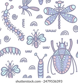 Patrón sin fisuras de escarabajos, insectos, flores. Plantilla para imprimir, protectores de pantalla; patrón para textil, cubierta, Plantilla de Anuncio de redes sociales.