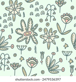 Seamless pattern of beetles, insects, flowers. Template for printing, screensavers; pattern for textile, cover, social media banner template.