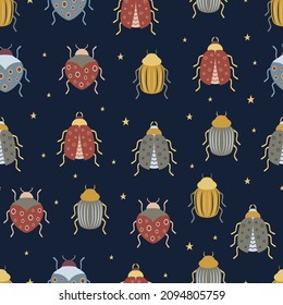 seamless pattern with beetles and insects on dark background, wallpaper in boho style