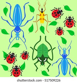 seamless pattern with beetles and leaves