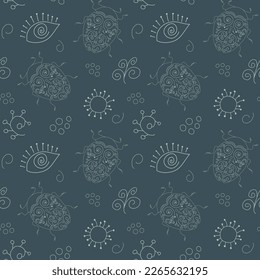 Seamless pattern with beetles, magic eye and plants. Botanical background. Vector illustration.