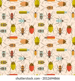 Seamless pattern with beetles on beige background. Geometric style stylized backdrop. Retro vector illustration. Red, green and orange bugs. Textile design or wrapping paper. 