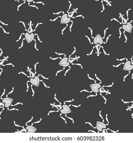 Seamless pattern with beetles on black background. Vector.