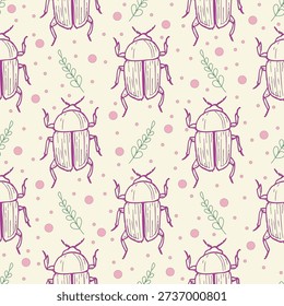 seamless pattern with beetles on light yellow with decorative elements background