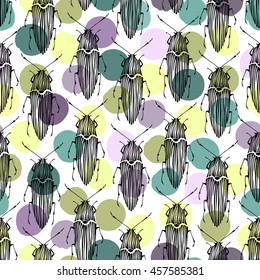 Seamless pattern with beetles on a polka dot background.