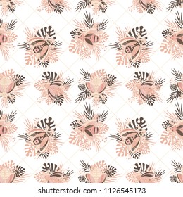 seamless pattern with beetles and plant leaves. pink color. romantic mood