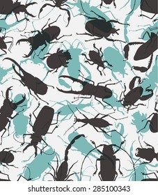 Seamless pattern with beetles silhouettes on a white background. Vector illustration