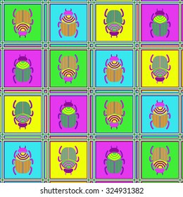 Seamless pattern with beetles. Template for design fabric, wrapping paper, bags, caps, postcards, invitations. Vector illustration