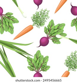 A seamless pattern of beetroot, carrots and spring onions on a white background. Vector vegetable pattern for textiles, culinary designs.
