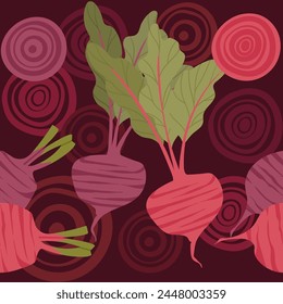 Seamless pattern of beetroot with green leaves tasty sweet vegetable vector illustration on dark background