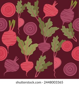 Seamless pattern of beetroot with green leaves tasty sweet vegetable vector illustration on dark background