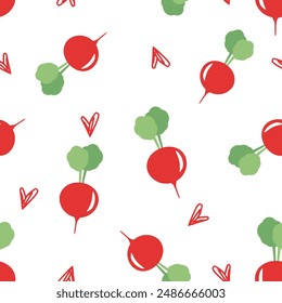 Seamless pattern of beetroot with green leaves and hand drawn heart on white background vector.