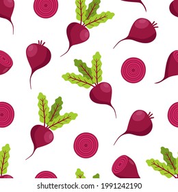 Seamless Pattern Beetroot with leaves and beets in the cut. cartoon vector illustration vegetables.