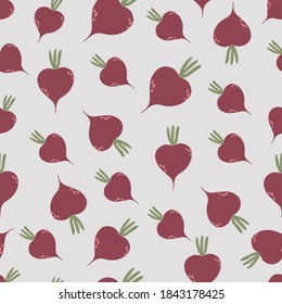 Seamless pattern with beets in cartoon style on gray. Vegetable pattern. Vector. Wrapping paper, wallpaper. Organic food